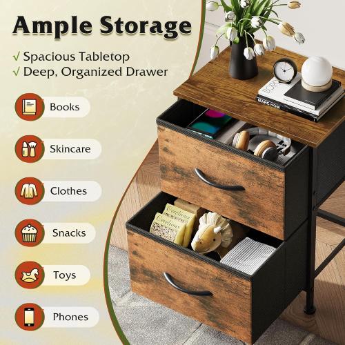 WLIVE Night Stand, Small Dresser with 2 Drawers & Wooden Top, Nightstand with Fabric Bins, Bedside Table End Table for Bedroom, Closet, Entryway, College Dorm, Rustic Brown