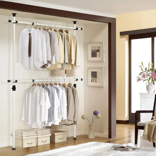 PRINCE HANGER Heavy Duty Adjustable Garment Rack – One Touch System for Easy Assembly, 352 LBS Load Capacity, Freestanding Metal Wardrobe Closet Rack Ivory (Width Adjustable, PHUS-0023)