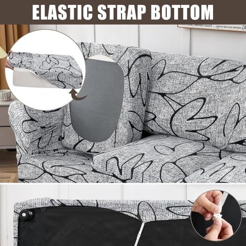 SearchI Stretch Sofa Cover Printed Couch Cover, Floral Pattern 4 Pieces Sofa Slipcover with 3 Separate Cushion Cover, Washable Furniture Protector for Living Room(Sofa, Grey Lotus White)