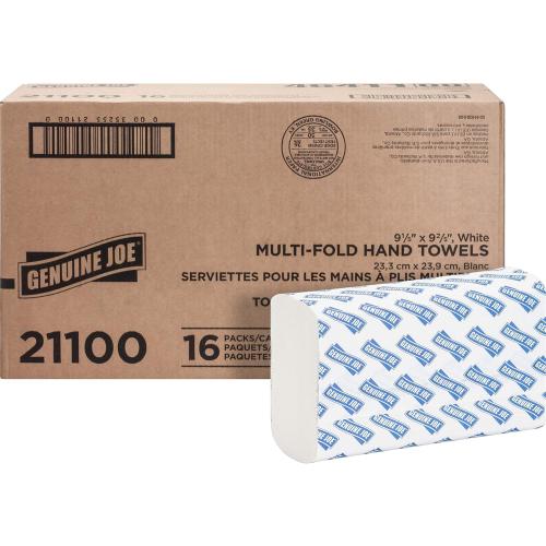 Genuine Joe Multifold Hand Towels, 9.5 x 9.10, 1-Ply, White, 250/Pack, 16 Count
