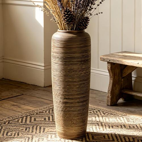 19.7 Inch Rustic Ceramic Large Floor Vase, Ribbed Textured Rustic Farmhouse Vase for Pampas Grass, Living Room & Entryway Décor, Handmade Ceramic Accent