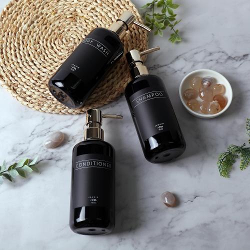 Shampoo and Conditioner Dispenser Set of 3,Modern Refillable 16oz Shampoo and Conditioner Bottles with Pump,Stylish Shower Soap Dispenser with Waterproof Labels for Bathroom (Black)