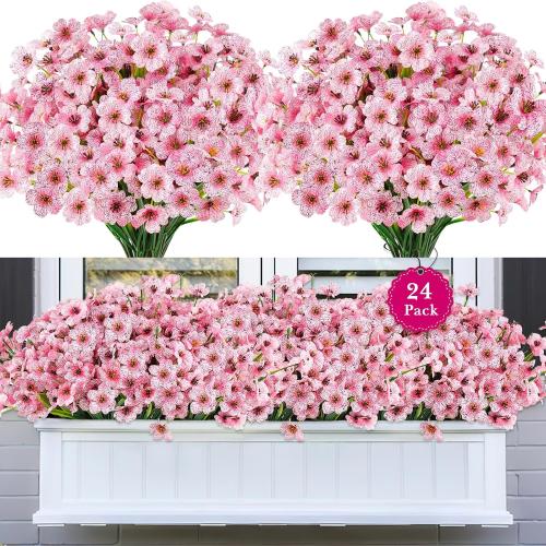 24PCS Artificial Pink Flowers for Outdoors, Realistic Silk Flowers