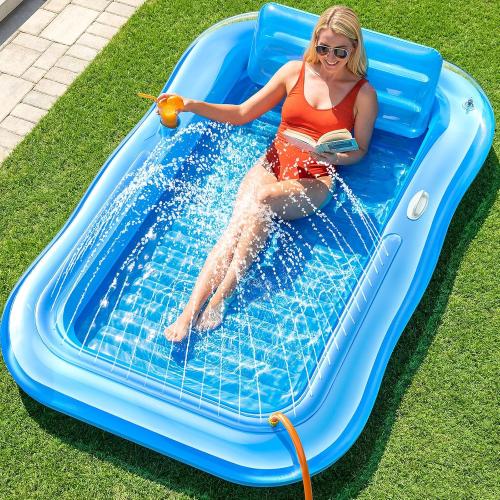 Inflatable Tanning Pool Lounger Float with Sprinkler, 77 x 48 XL Tanning Pool for Adults with Pillow & Cup Holder, 6 in 1 Suntan Tub Sunbathing Bed Pool Floats Adult for Backyard, Beach & Lake