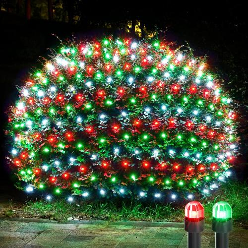 WBao F8 Big Bulbs Christmas Net Lights, 200LED 8.4ft x 5.2ft Christmas Bushes Lights with 8 Modes, Timer, End to End Connectable, Waterproof for Lawn, Bushes Outdoor Xmas Decorations, Red Green White