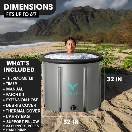 Aurora Size  XL Color Grey Ice Bath Tub For Up To 6'7 - Heavy Duty Upgraded Ice Bath, Ice Plunge Tub - Thermometer & Timer Included - Inflatable Ice Bath - Grey, Portable Ice Bath, Ice Tubs for Cold Plunge