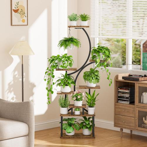 Plant Stand Indoor with Grow Lights - 62 Tall Plant Shelf, Lighted Corner Plant Stands for Indoor Growing, 8 Tiered Large Flower Holder, S-Shaped Decorative Rack for Living Room, Patent Design, Brown