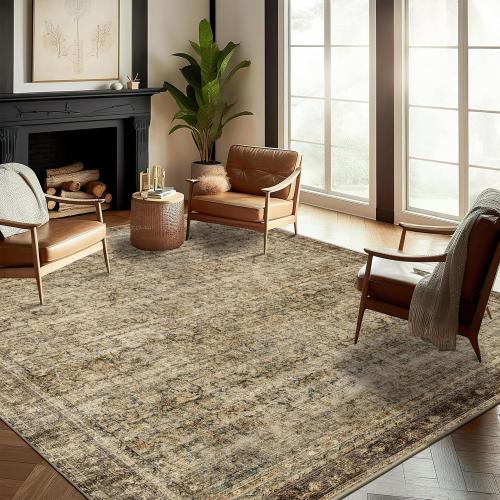 Area Rug 8x10 Washable Rug Brown Vintage Traditional Mat Distressed Indoor Foldable Thin Retro Accent Floral Non Slip Carpet Living Room Dining Room Office