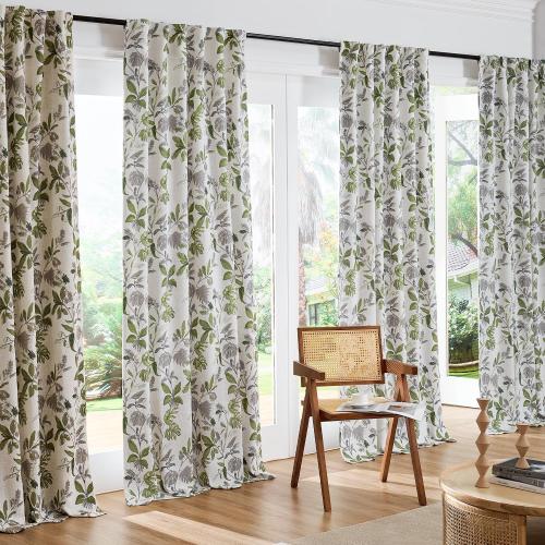 jinchan 100% Blackout Curtains for Bedroom 96 Inches Length Linen Curtains Tropical Green Leaf Print Botanical Window Treatment with Lining for Living Room Farmhouse Country Drapes Set 2 Panels