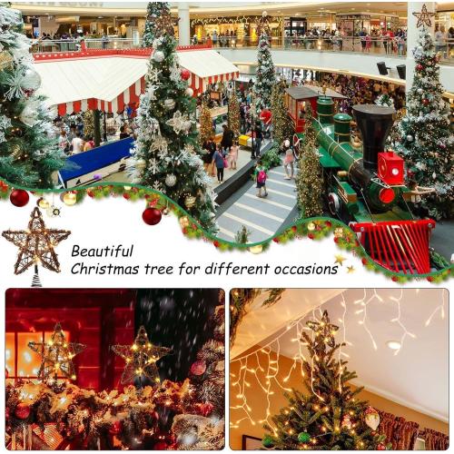 Christmas Star Tree Toppers Rattan Natural Xmas Tree Topper Lighted with 10 Inch 50led Warm White Lights, Rustic Star Treetop for Christmas Ornament Indoor Party Decoration