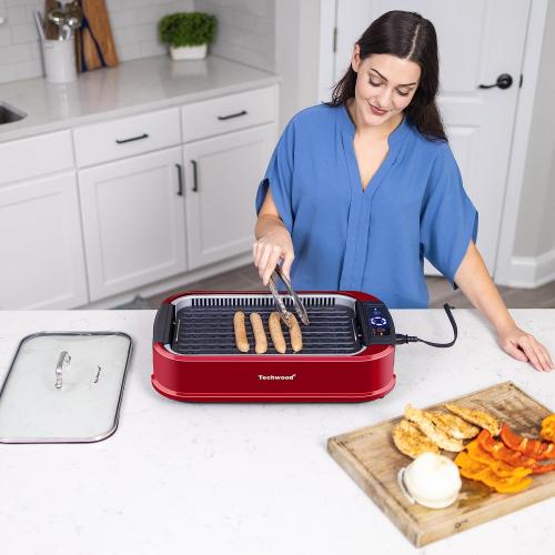 Indoor Smokeless Grill, Techwood 1500W Electric BBQ Grill with Temperature Control, Korean Grill Removable Non-Stick Grill & Griddle Plates, Tempered Glass Lid, Red‼️missing handle on the lid‼️