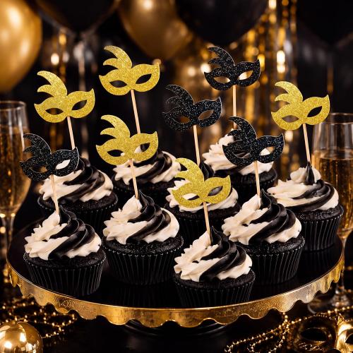 Blulu 48 Pcs Masquerade Mask Cupcake Toppers Halloween Decor