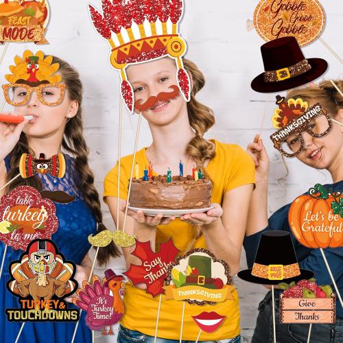 30 Pcs Thanksgiving Photo Booth Props, Fall Maple Leaf DIY Set, Photo Booth Birthday Party Decoration, Decoration Props