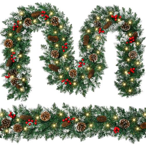 9 FT Christmas Garland with Lights,Battery Operated Lighted Garland with Pine Cones Red Berries Lush Branches,50 LED Lights 8 Modes,Christmas Decor Mantle Fireplace Indoor Outdoor Home