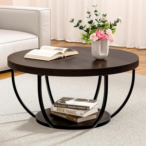 Round Coffee Table, 31 Coffee Table for Living Room Decor, 2-Tier Storage with Steel Frame, Space-Saving Wood Center Table, Modern Style Easy Assembly (Dark Coffee)
