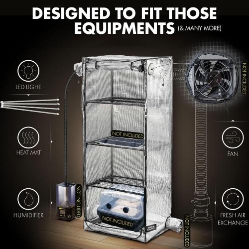 Mushroom Grow Tent with 6500K LED Light & Timer, 4-Tier Shelves | Fits Humidifier,Fits FAE, Waterproof Tray Included, 4 Vents, Fits Up to 8 Monotubs, Martha Tent