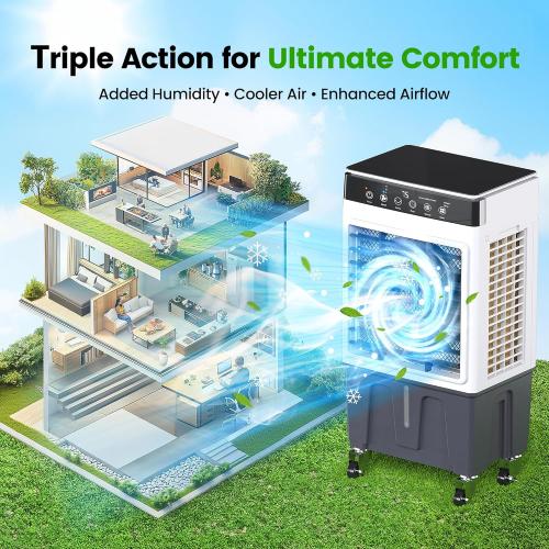 WHITE Swamp Cooler Air Conditioner with Dry Burn Protection, 4000 CFM Evaporative Air Cooler with 8-Gal Water Tank, 4 Modes, 3 Speeds, Remote, 12H Timer, Portable Windowless AC for Bedroom Home Office