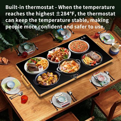 Electric Warming Tray（XXL 32”x18”），Food Warmer with Thermostat and Full Surface Heating，Food Warming Mat with 2 Temperature Modes for Parties Buffet，Gatherings，Gold Edge Handles Warming Mat for Food