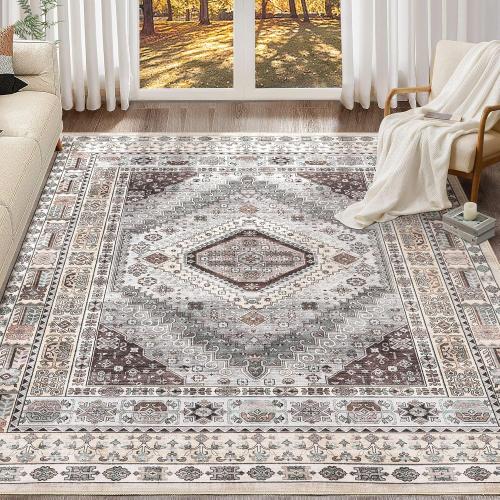9x12 Rugs for Living Room: Washable Boho Large Neutral Vintage Soft Area Rug Indoor Stain Resistant Non-Slip Carpet for Bedroom Dining Room Playroom Office Home Decor- Brown Grey