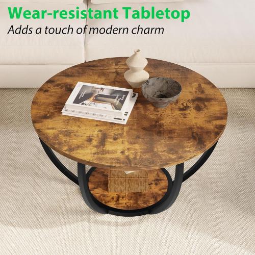 HOMERECOMMEND 28 Round Coffee Table with Storage,2-Tier Wood Accent Center Table for Living Room,Sofa Table for Home Office, Brown
