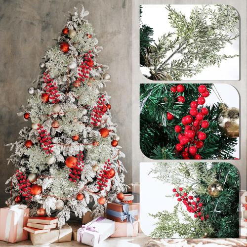 16 Pcs Christmas Tree Branches Filler Artificial Pine Branches with Berry Stems Christmas Tree Picks Greenery Sprays Berry and Cedar Picks for Vase Fillers Table Decor(Snow Cover,Red)