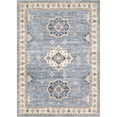 Washable Area Rugs for Living Room -Neutral Vintage Distressed Floral Farmhouse Boho Large Soft Floor Rug Indoor Non Slip Carpet for Living Room Bedroom Dining Room Office - Blue