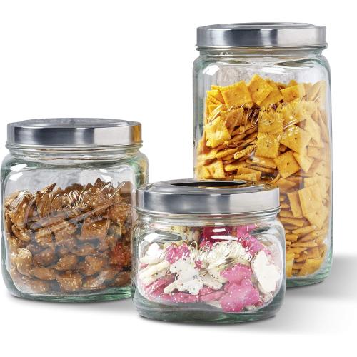 Mason Craft & More Airtight Kitchen Food Storage Clear Glass Pop Up Lid Canister, 3 Piece Pop Up Graduated Canister Set (1.6L, 2.75L, and 4.6L)