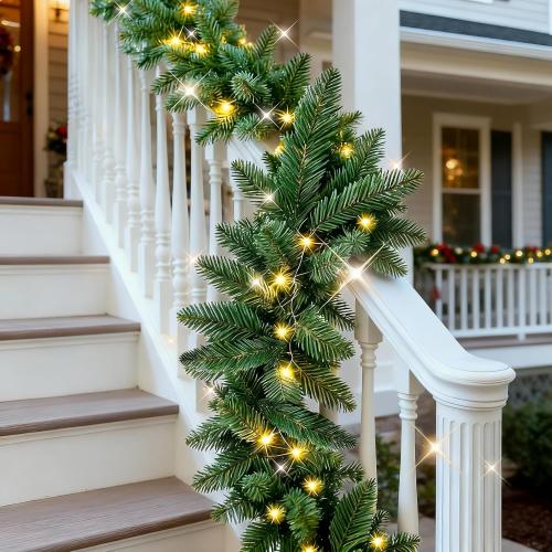 2 Pack Christmas Garlands with Lights, Artificial Pre-lit Garland Christmas for Stairs, 9FT Lighted Garlands with Timer, Battery Operated Christmas Garland for Mantle