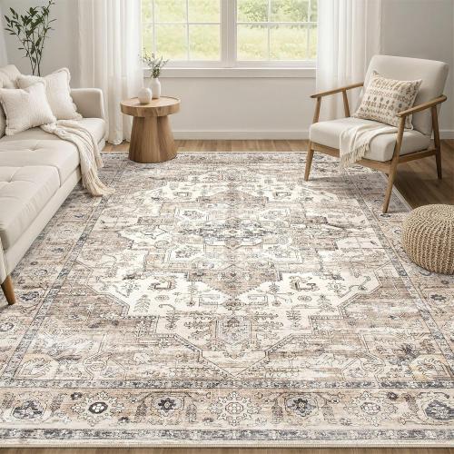 Area Rug 7x9 Washable Vintage - Soft Traditional Rugs for Living Room Large Non Slip Backing with Low Pile Farmhouse Oriental Retro Carpet for Bedroom Dining Room or Home Office - Tea Brown