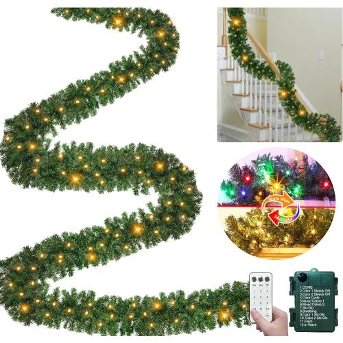 Remote Control 18 Ft Extra Long Prelit Christmas Garland Outdoor 100 Warm White & Multicolor Light 12 Mode Timer Real Touch Cedar Garland Battery Operated 600 Branch Christmas Decoration Stairs Mantle