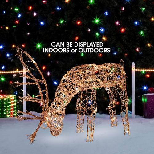 Alpine Corporation 24H Outdoor Rattan Grazing Reindeer Lawn Decoration with White Lights , Christmas Decoration