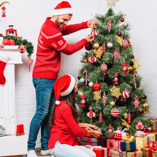 Set of 48 Color Candy cane Christmas Ornaments Candy Lollipop Set -48Pcs for Xmas Tree Decoration Hanging Plastic Gloss Candy Canes Ball Pendants for New Year Home Decor Party Supplies (Red)