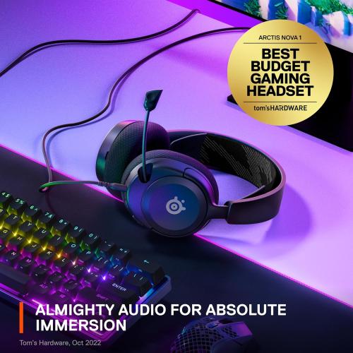 SteelSeries 61606 Arctis Nova 1 Gaming Headphones, Wired, Sealed Type, Compatible with PC, PS5, PS4, Switch, Bi-Directional Microphone, Noise Canceling, Space Audio, Hi-Fi Sound, Adjustable, Black