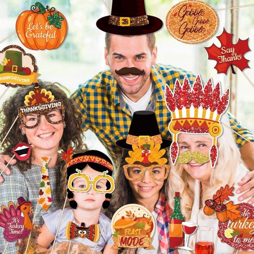 30 Pcs Thanksgiving Photo Booth Props, Fall Maple Leaf DIY Set, Photo Booth Birthday Party Decoration, Decoration Props