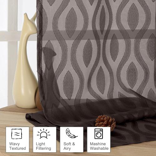 Aiyufeng Brown Valance Curtains 14 Inch Length, Chic Wavy Line Clip Jacquard Sheer Curtains for Basement Bathroom, Lightweight Solid Rod Pocket Small Window Curtains, 2 PCS, 40Wx14L Inch