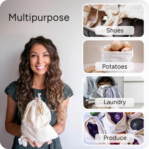 LEAFICO Cotton Storage Bags – X-Large 14x17 Inch (5-Pack) – Reusable Muslin Bags with Drawstrings – Biodegradable Canvas Fabric Sacks – Perfect for Bread, Bulk Produce, Potatoes, Onions, Shoes