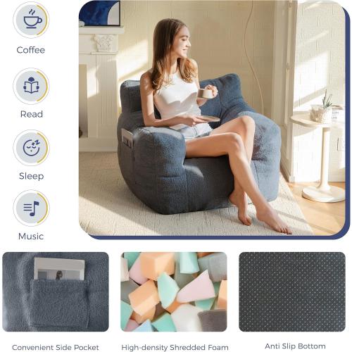 MAXYOYO Bean Bag Chair, Tufted Bean Bag Sofa with Boucle Fabric, Comfy Lazy Chair with Filler, Living Room Sofa for Adults Teens, Accent Couch for Bedroom Dorm, Dusty Blue