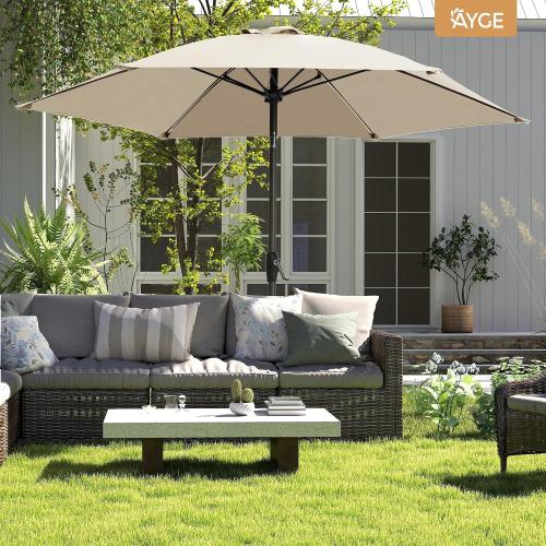 Ayge 7.5FT Large Outdoor Patio Umbrella Market Table Umbrella-UV Resistant, Easy Push Button Tilt and Crank, 6 Sturdy Fiberglass Ribs Heavy-Duty Pool Umbrella for Deck, Backyard,Garden, Yard,Beige