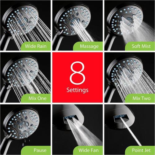 Hotel Spa AquaCare High Pressure 8-mode Handheld Shower Head - Anti-clog Nozzles, Built-in Power Wash to Clean Tub, Tile & Pets, Extra Long 6 ft. Stainless Steel Hose, Wall & Overhead Brackets