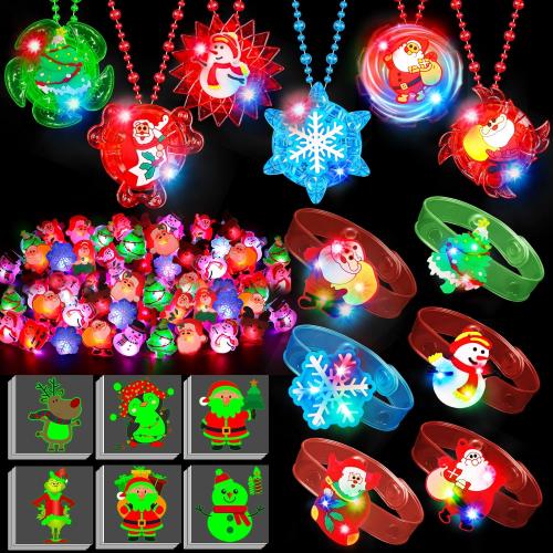 84 PCS Christmas Party Favors Glow in The Dark Toys Bulk Christmas Party Supplies Xmas LED Light Up Necklace Bracelets Ring Holiday Gifts for Boys Girls Classroom Prizes Stocking Stuffers