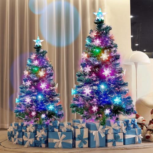 Juegoal 3 ft Pre-Lit Artificial Mini Christmas Tree, Lighted Optical Fiber Tabletop Xmas Trees with RGB Color Changing LED Lights, Snowflakes & Top Star, Festive Party Holiday Fake Multicolored Tree