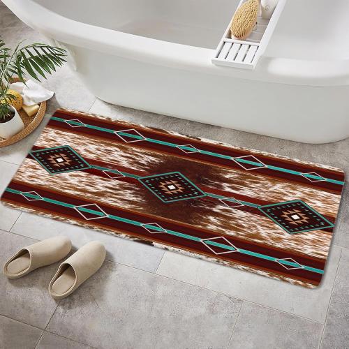 JAWO Western Aztec Bath Mat, Southwest Geometric Pattern Faux Cowhide Red Brown Bathroom Rug, Cow Print Non Slip Bathtub Mat Modern Art Bathroom Accessories Shower Mat Kitchen Rug (17X48)