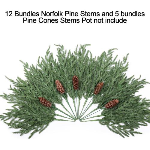 Artificial Christmas Norfolk Pine Stems Branches for Vases,12 Bundles Faux Pine Branches with 5 PCS Big Fake Pinecones Stems Greenery Evergreen Real Touch for Holiday Winter Table Xmas Decor