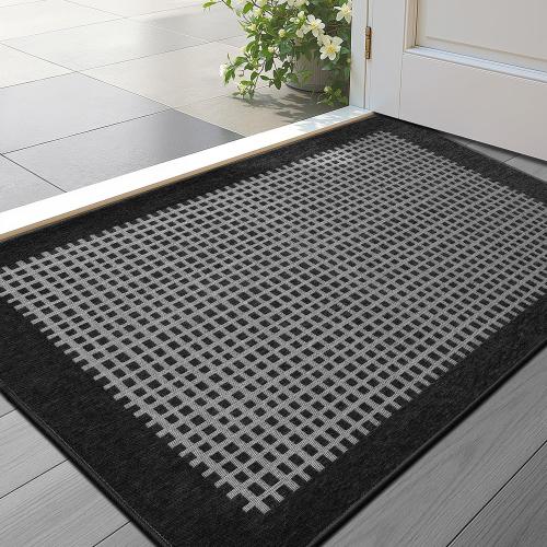 LUMI Inside Door Mat for Entry 17''x30'', Absorbent, Dirt Trapper, Low Profile Thin, Non Slip Mats with Rubber Backing, Ideal for Indoor, High Traffic, Garage, Entrance, Checkered Black
