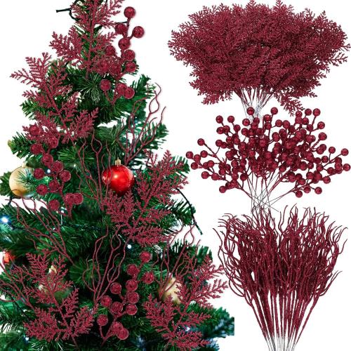 75 Pcs Christmas Glitter Branches 3 Styles Artificial Christmas Picks Berries Stems Pine Needles Floral Twig Spray for Xmas Tree Ornaments DIY Wreath Garland(Burgundy)