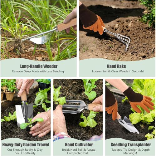 Garden Tools Set 10-Piece, Heavy Duty Stainless Steel Garden Hand Tools with Floral Tote Bag - Rust-Proof Garden Tools for Gardening, Gardening Gifts for Women Mom​