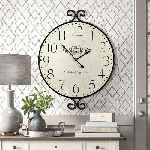 24 Inch Large Farmhouse Wall Clock, Wrought Iron Frame with Warm Gray Finish, Silent Battery Operated Wall Clock for Living Room Kitchen Bedroom