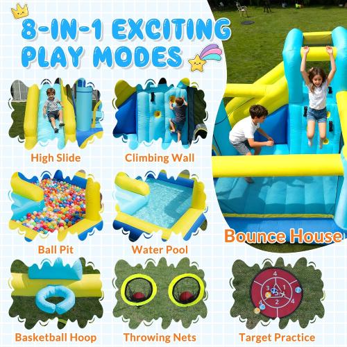 Bounce House, 8-in-1 Gameplay Mode Inflatable Bounce House for Kids, Sturdy and Durable Bouncy House with Blower, Family Backyard Bouncy Castle with Slide for Indoor Outdoor