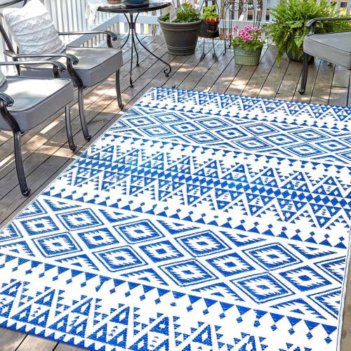 Waterproof Outdoor Rug 5x8ft, Bohemia Reversible Plastic Straw Mat for Patio RV Deck Porch Backyard Balcony Camping Picnic Beach Indoor Outdoor Carpet, Blue&White