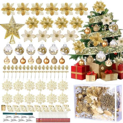 76PCS Christmas Tree Decorations Set, Gold Christmas Ornaments Poinsettia Flowers Artificial Christmas Balls Star Topper Berry Stems Snowflakes Mesh Ribbons for Xmas Tree Decor (13 Style)